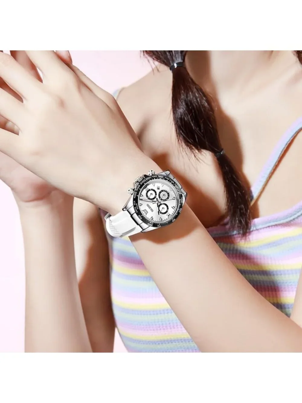 Women's White Black Stainless Steel Bracelet Waterproof Dress Analog Wrist Watch